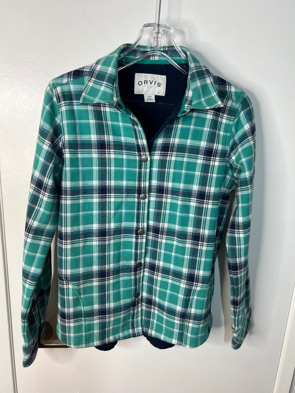 Orvis Women's Snap Front Shacket Shirt Jacket Green/Blue/White Plaid ~ Size S